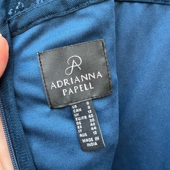 Adriana Papell Navy Blue Bead Sequin Long Formal Short Sleeve Glam Gown Size 8 - Picture 6 of 11